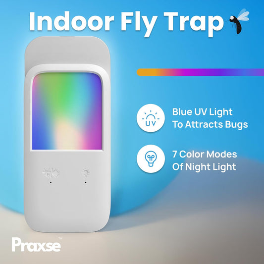 Plug-in Fly Trap & Nightlight - Indoor Insect Catcher for Mosquitoes, Gnats, Fruit Flies with RGB Night Lamp for Home, Kitchen, Office (White, 1 Bug Light Device with 5 Sticky Pads)