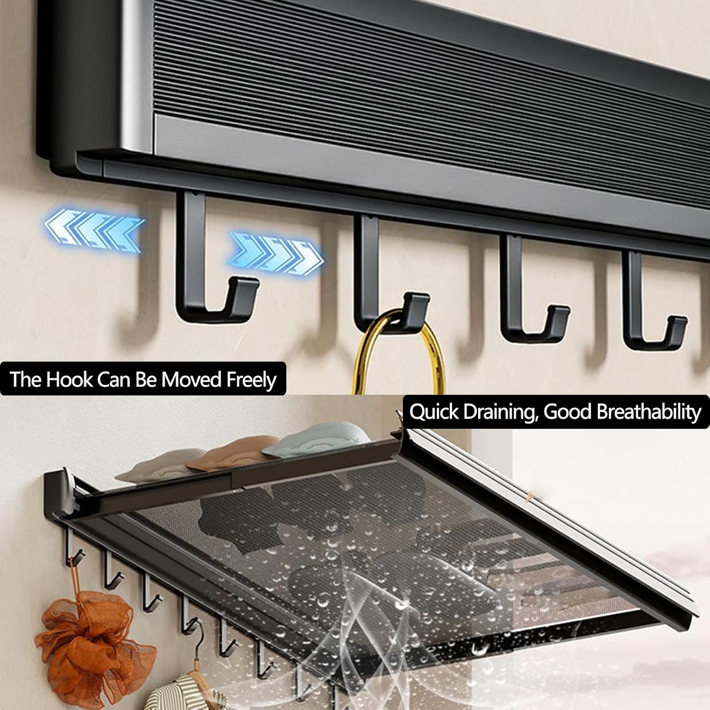 Wall-Mounted Dry Racks Retractable for Bathroom Wall Mounted with Hooks Clothes Drying Rack Bathroom Shelf for Collapsible Storage Rack Foldable Towel Holder for Kitchen, Balcony Laundry Room