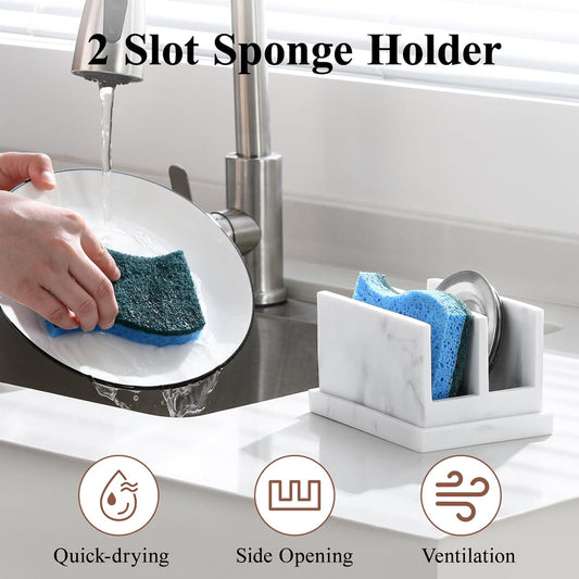 Luxspire Kitchen Sponge Holder, Dish Sponge Holder with with Drain Tray, Marble Sponge Holder for Kitchen Sink, Kitchen Sink Caddy 2 Compartments, Gravel White