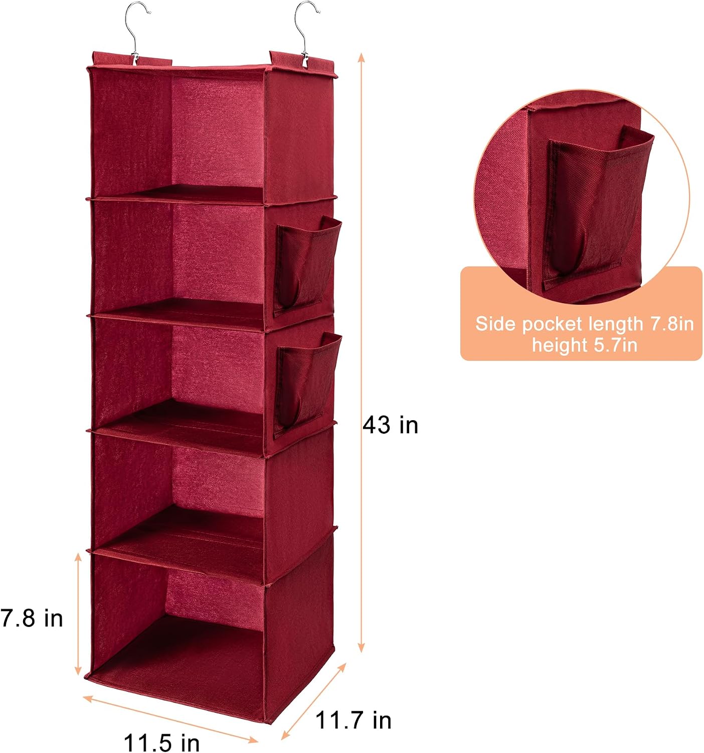 BOOMIBOO Hanging Closet Organize and Shelves,5-Hanging Shelf with 2 Side Pockets,Storage Foldable (Grey)