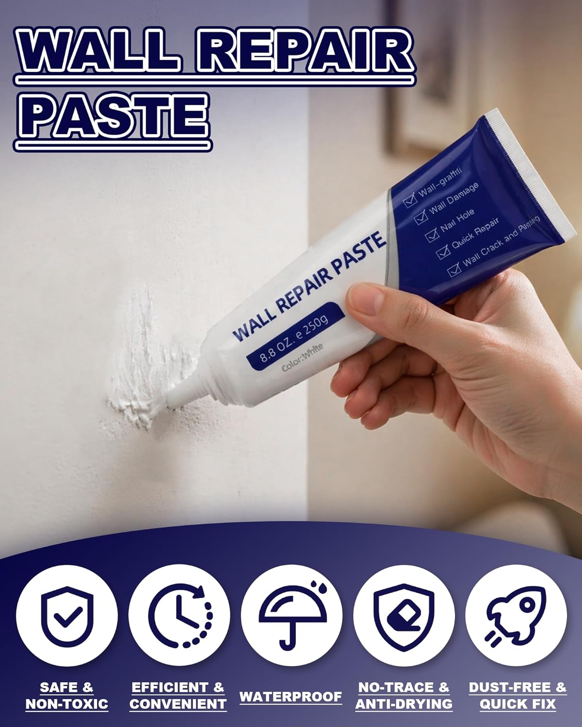 Efficient Drywall Repair Kit with Scraper,Wall Repair Paste Tube,Quick-Drying Wall Mending Agent, Wall Repair Paste,Multi-Functional Patch Paste for Wall Crack/Nail Hole/Graffiti,Wall Surface(1pack)