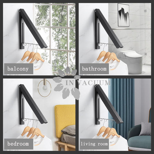 Laundry Drying Rack, Wall Mounted Retractable Clothes Hanger, Aluminium Home Storage Organization Space Savers for Home(2 Racks with Rod,Black)