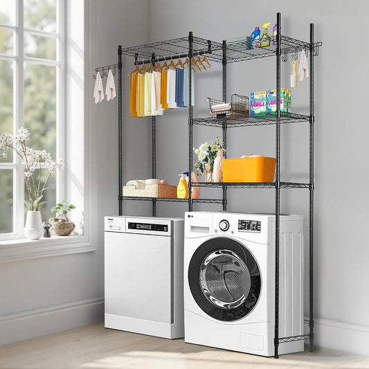 VEVOR Over Washer and Dryer Storage Shelves, 6 Tiers Laundry Room Drying Rack with Hanger Rod and Hooks, Two Rows Adjustable Washer Shelves Space Saver, for Laundry Room Storage & Organization, Black