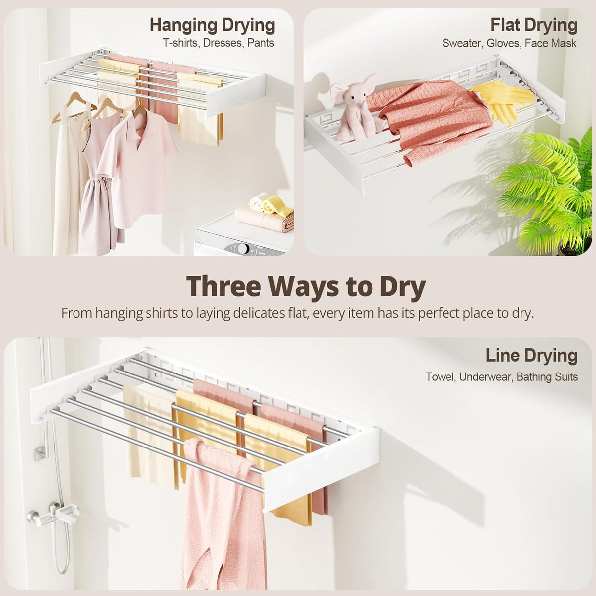 Wall Mounted Clothes Drying Rack Folding Indoor, Foldable Laundry Drying Rack Collapsible,Invisible, Space Saving, Retractable Towel Drying Rack, with Wall Template(5 Drying Rods, White 32")