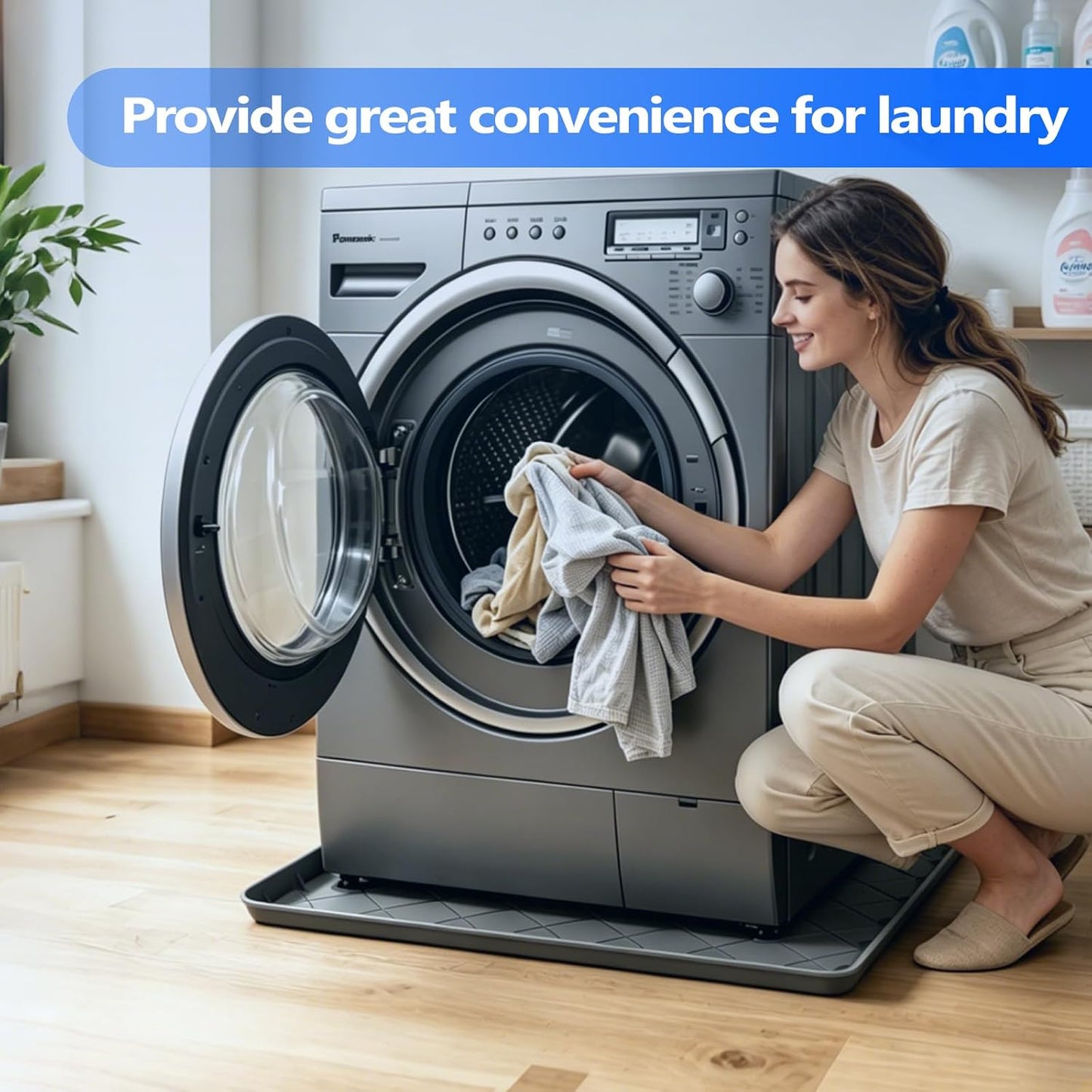 Washing Machine Drain Pan Silicone Mat, 32 x 30 Inch Non-Slip Waterproof Washing Machine Drip Tray, 1 Inch Raised Edge Mat for Floor Protection, Washer or Dryer Shock Mat