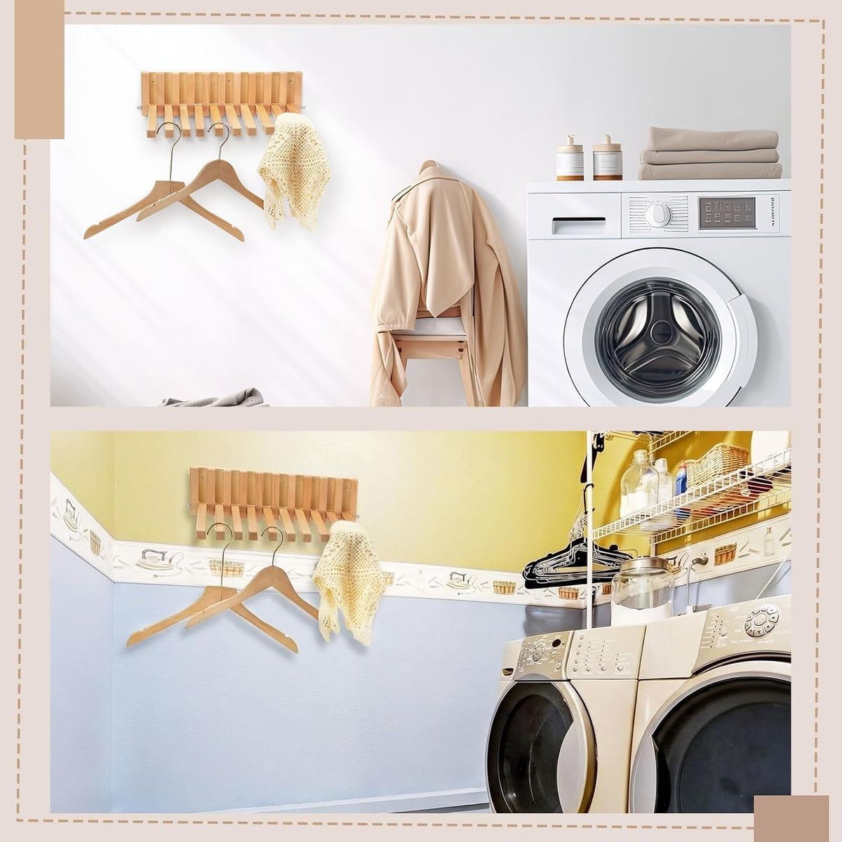 Domensi Beech Wood Wall Mounted Drying Rack for Laundry Room with 10 Mount Folding Coat Hooks Racks Drying Hanger for Bathroom Hat Towels Robes Rack Saving Space(Brown Color)