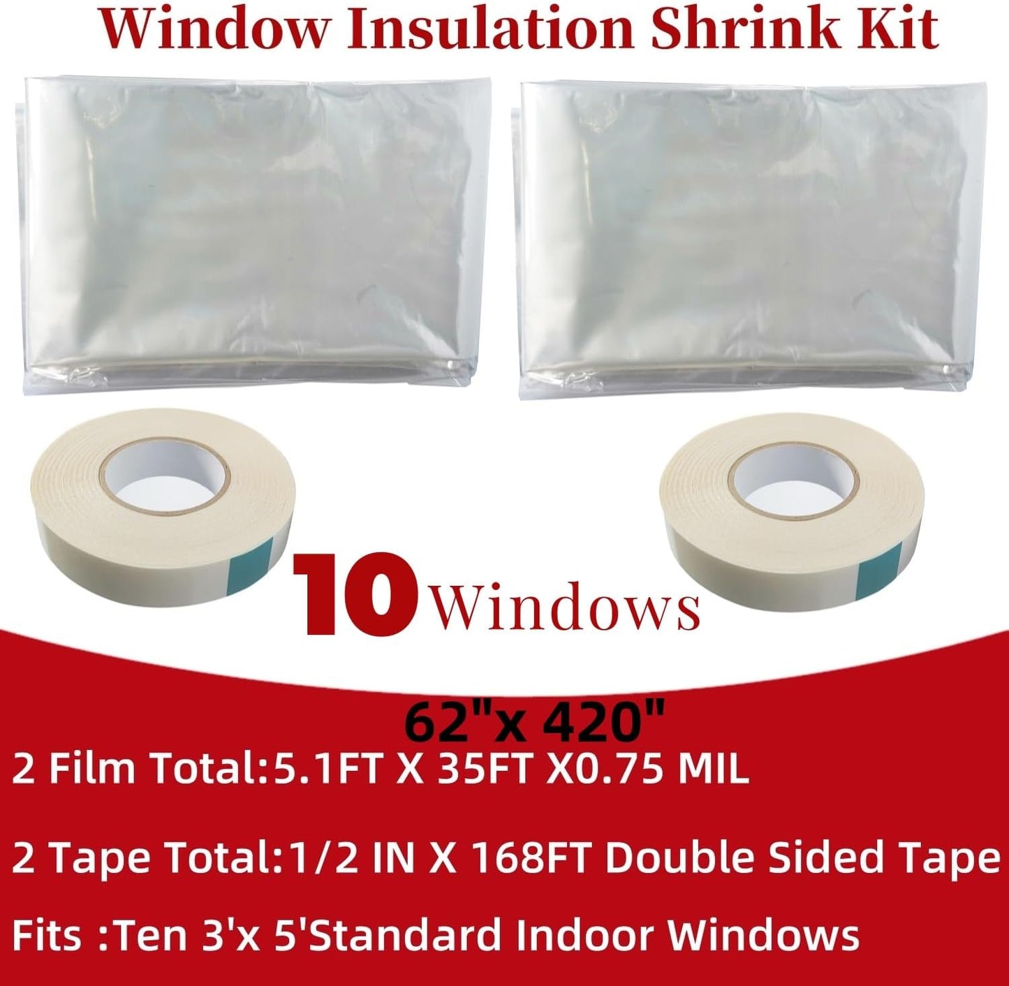 10-Window Shrink Film Window Insulation kit(62-Inch x 420-Inch),Insulating Film Window Kit Keeps Cold Air Out and Warm Air in (10 Windows)