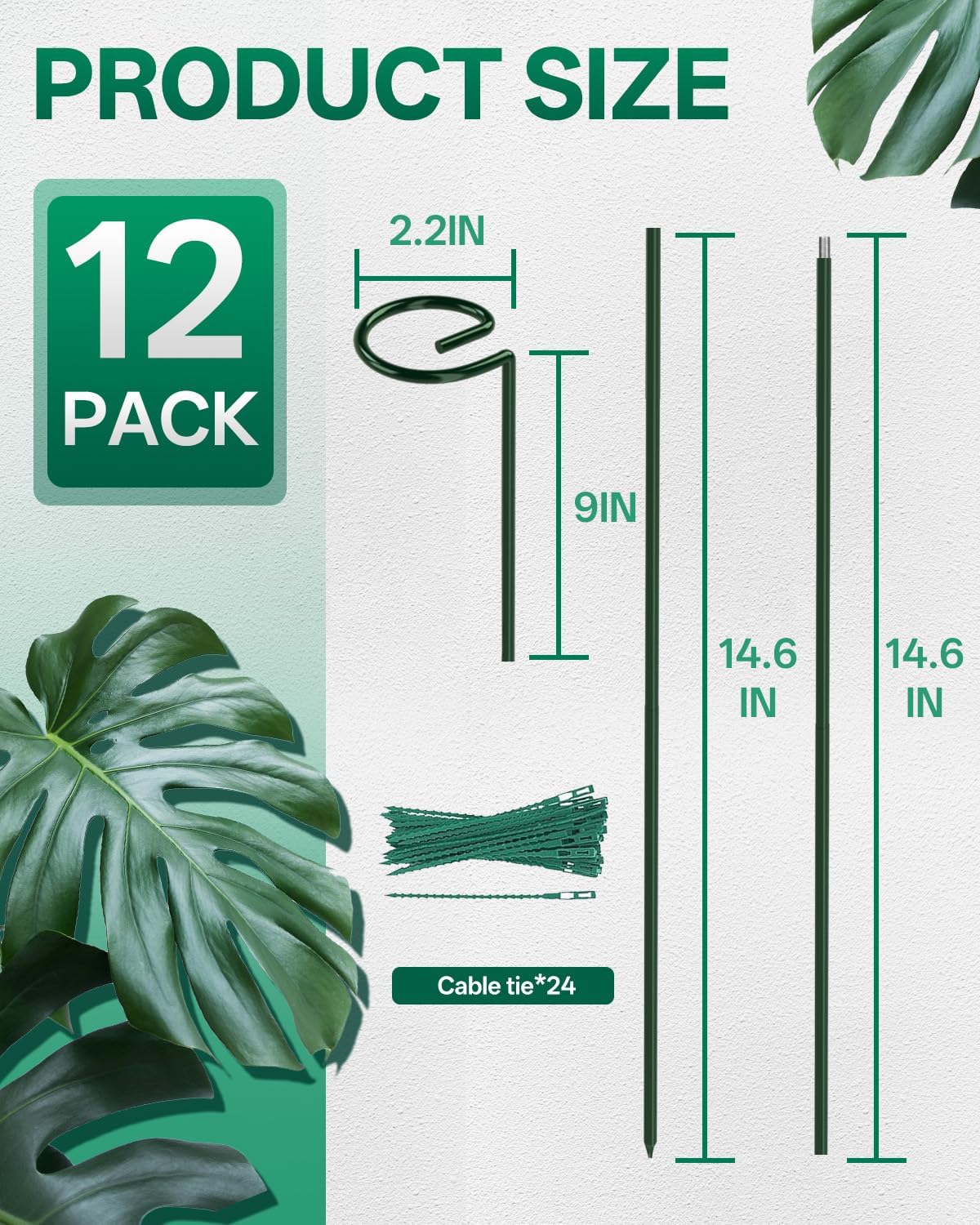 12 Pack 16 In Metal Plant Stakes, Plant Support Stakes with 15 Twist Ties | Plant Supports, Flower Stakes for Indoor Outdoor Plants, Peony, Tomato Seedling, Marigold, Amaryllis, Sapling, Coreopsis