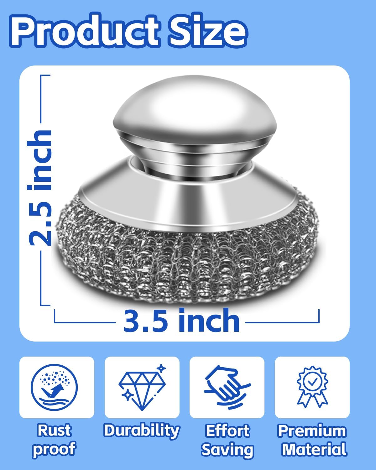 2 Pack Stainless Steel Scrubber with Handle, Includes 2 Replacement Steel Wool Pads, Heavy-Duty Scouring Brush for Pots, Pans, Stovetops and Kitchen Cleaning