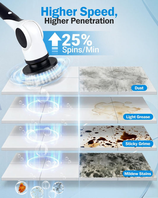 Electric Spin Scrubber, 3-Speed Shower Scrubber with Long Handle & 10 Replaceable Brush Heads, Cordless Full-Body IPX7 Waterproof Shower Cleaner Brush with 90 Mins Runtime for Bathroom