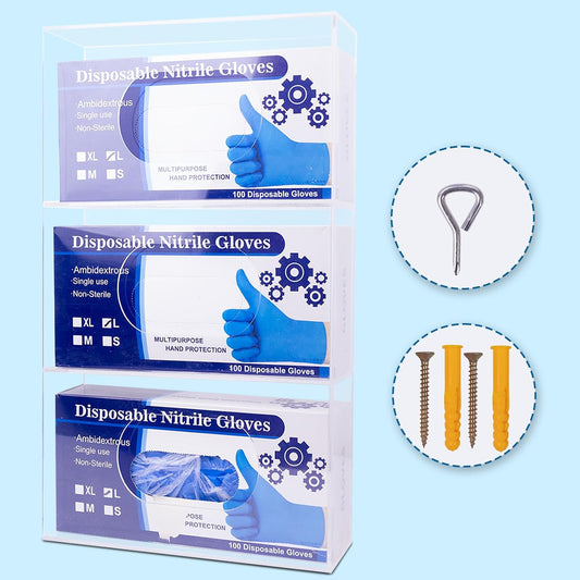 Wall-Mounted Acrylic Glove Box Dispenser Holder,3 Cartons Capacity,Glove & Facial Tissue Wire Rack for Kitchen,Healthcare,Hospital,Etc(3’’Internal width suitable for Small to Medium-Sized Glove Boxes)