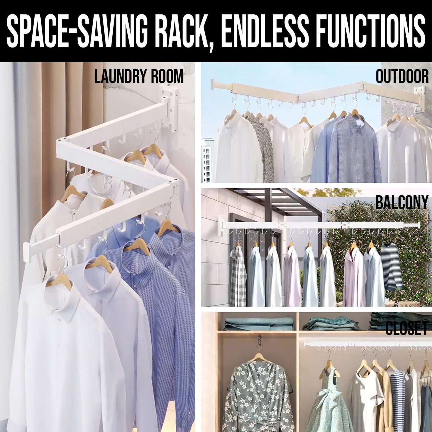 Foldable Wall Mounted Clothes Drying Rack for Laundry, White | 180° swivel, 220 lb hold, aircraft aluminum, retractable, space-saving, indoor outdoor, hanger dryer, balcony bathroom