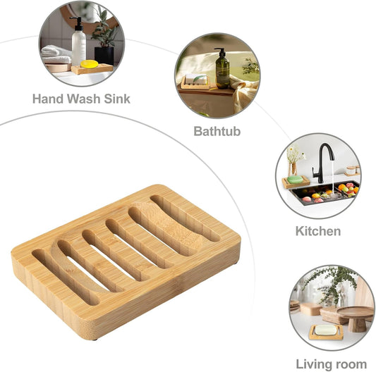 2 Pack Wooden Soap Holder Bamboo Soap Dish for Shower with Self Draining Tray Natural Bar Soap Holder and Soap Saver for Bathroom Kitchen Sink