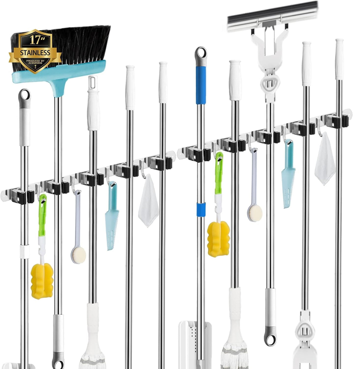 AceMining 5 Racks and 4 Hooks Mop and Broom Holder Wall Mount, Broom Organizer Storage Tool Racks Stainless Steel Heavy Duty Hooks Self Adhesive Solid Non-slip for Home Kitchen Garden Laundry Garage