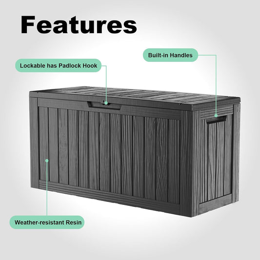 ROJIK 340 Gallon Deck Box Outdoor Waterproof,Weatherproof Outdoor Storage Boxes Lockable with Lid,Outside Resin Storage Bench for Patio Cushions,Garden Tools and Pool Accessories(Black)