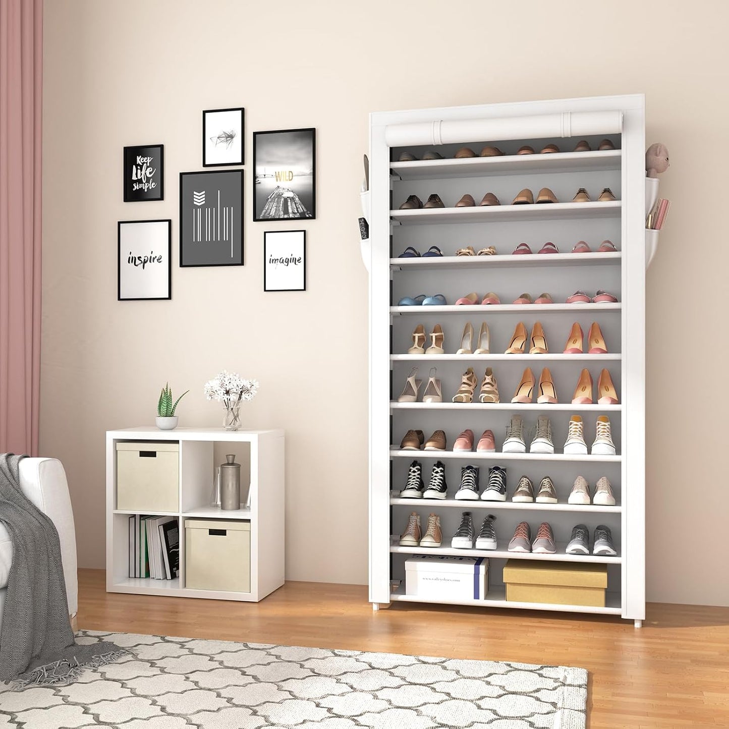 ROJASOP 10 Tier Shoe Rack with Covers,Large Capacity Stackable Tall Shoe Shelf Storage to 50-55 Pairs Shoes and Boots Sturdy Metal Free Standing Shoe Rack Organizer for Closet Entryway Garage