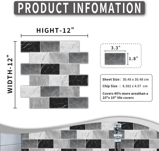 10 Sheets Peel and Stick Backsplash for Kitchen 12"X12" Renter Friendly Backsplash Back Splash Adhesive Subway Wall Tile Flat Vinyl Sticker for Bathroom Grey Marble (Not 3D Tile)