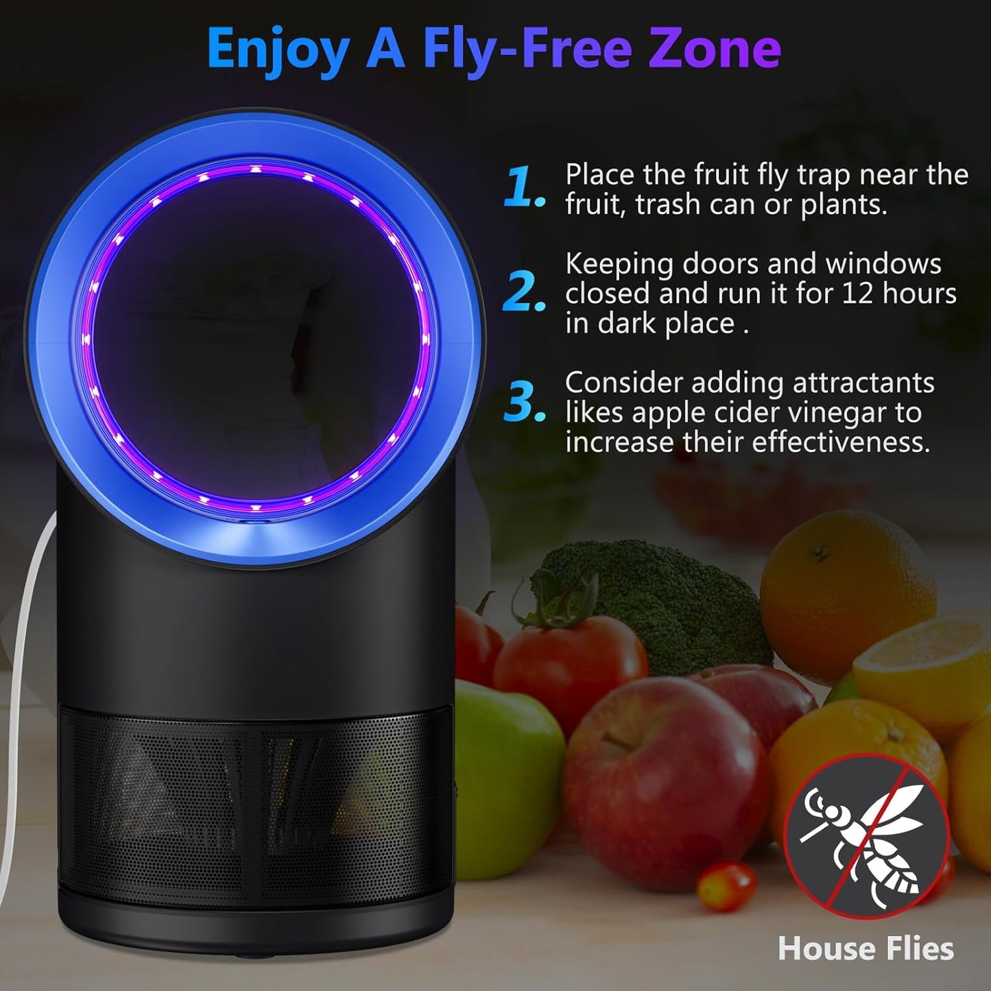 Fruit Fly Trap for Indoors, Fly Traps for Home Gnat Traps House Indoor, Indoor Insect Trap with Timer, Pack of 10 Refills (Blue)