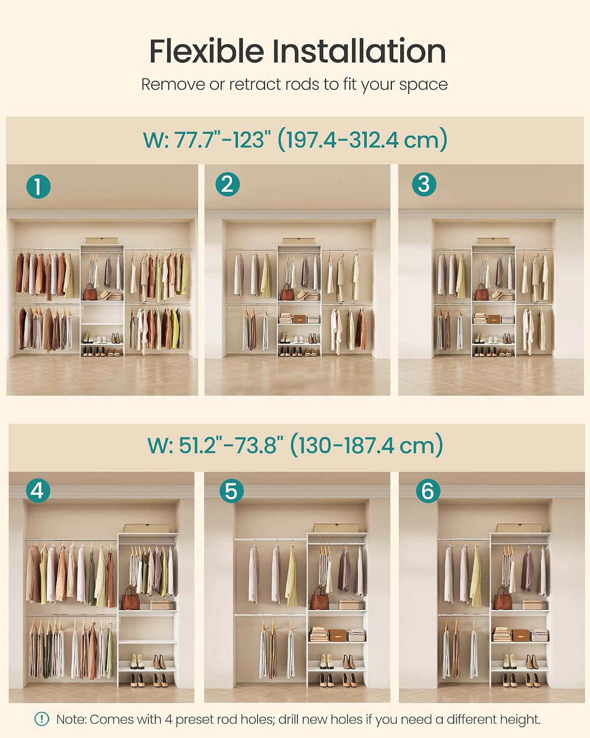 SONGMICS Closet System, Customizable Walk-In Closet Organizer System with Adjustable Hanging Rods and Storage Shelves, White, Fits Spaces 4-9.6 ft URGR040WZ01S