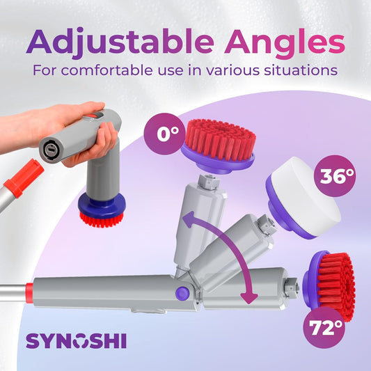 Synoshi PRO Electric Spin Scrubber with Long Handle – Cordless Shower Scrubber, Bathroom Cleaning Brush, Electric Scrubber for Cleaning Shower, Tub & Floor, Adjustable Angles, 2 Speeds Power Scrubber
