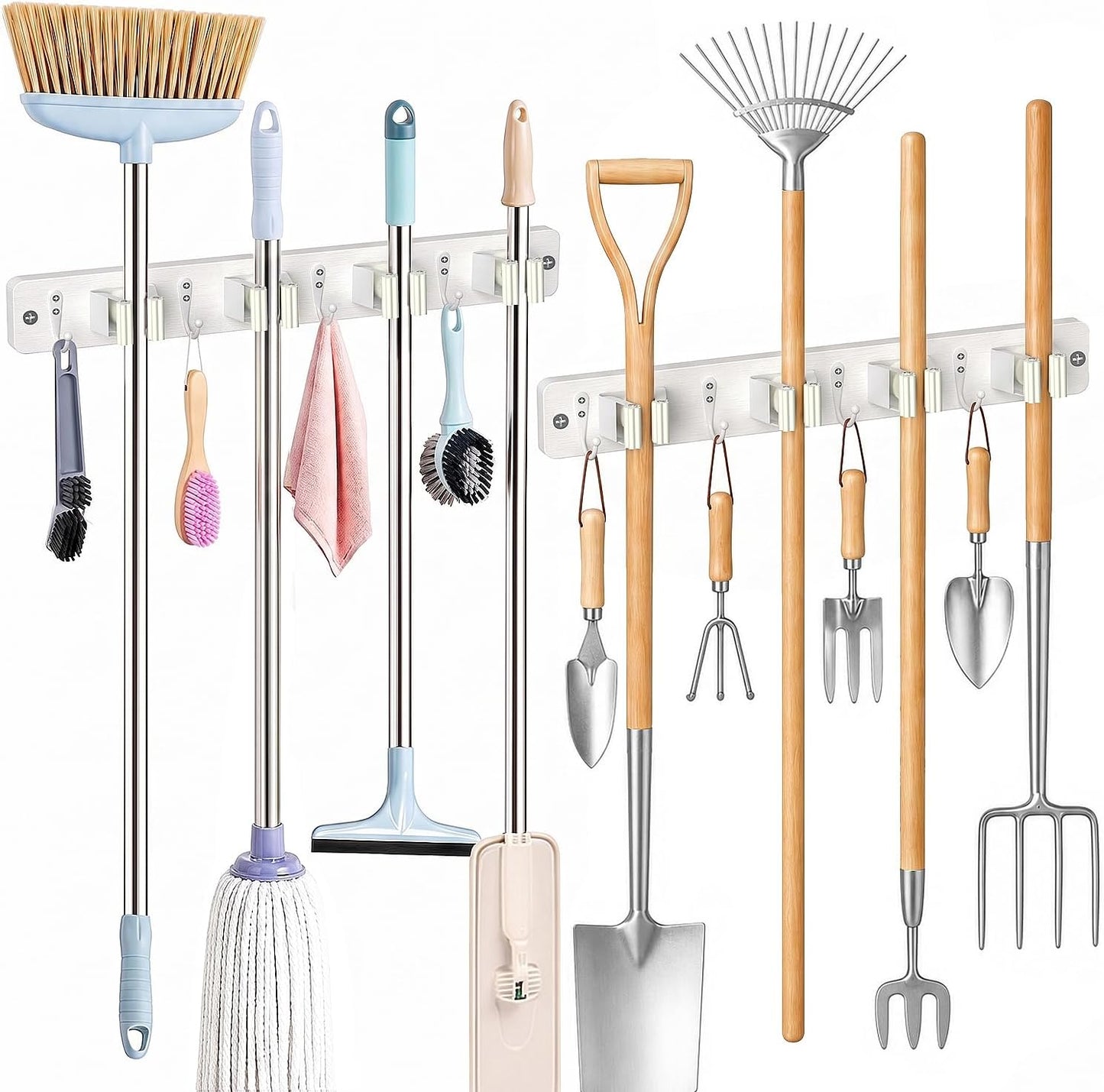 AceMining Broom Holder Wall Mounted, White 4 Holders and 4 Hooks Mop Holder, Wooden Mop and Broom Holder with Anti slip rubber, Natural pine wood Brush Holder, Mop Wall Holde with Nail installation