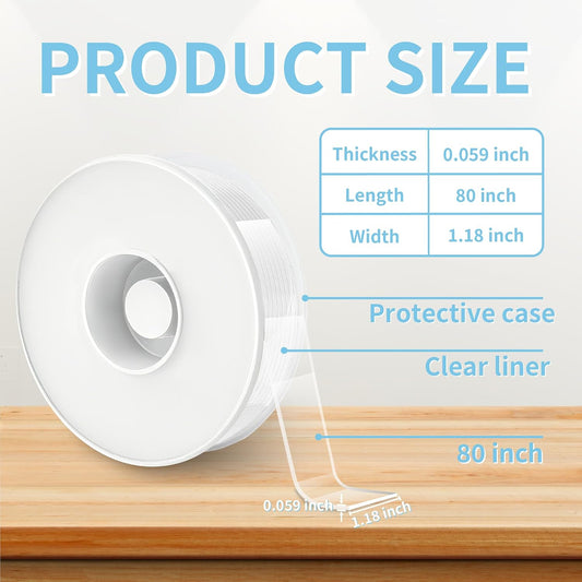 Heavy Duty Double Sided Tape, 1.18 x 80 in, Clear, 1 Pack | Removable washable nano gel holds 6 lbs per 4 sq in; protective case for carpet, posters, pictures, home office and RV