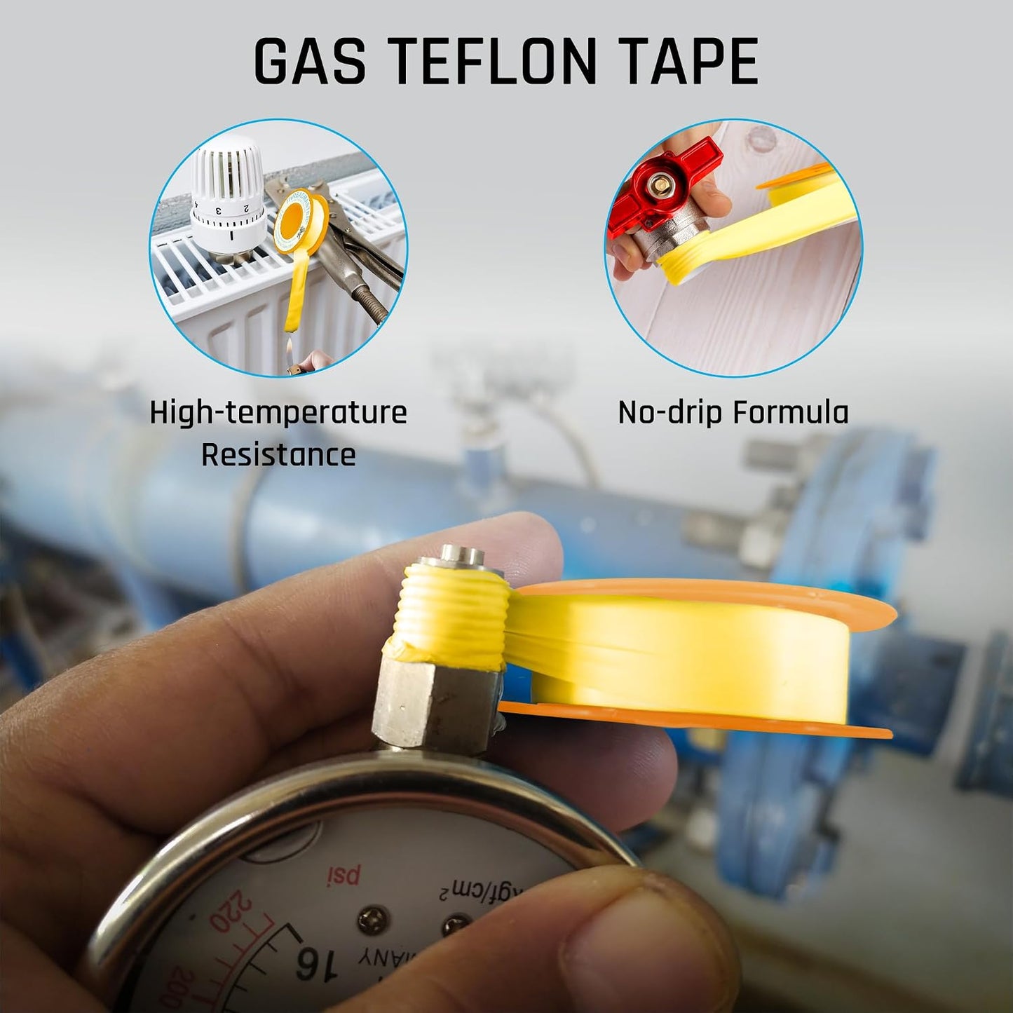 TAPEWELL Yellow Gas Pipe Thread Sealant Tape - 1/2" Width, Pack of 1 | 260" Length, Yellow Thread Seal Tape for Propane, Natural Gas, and More