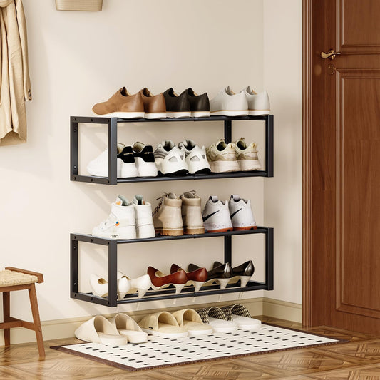 Homeiju Hanging Shoe Organizer,2 Pack Wall Mounted Shoe Rack Holds 12 Pairs,Space Saving Metal Wall Shoe Rack,Hanging Shoe Rack Shoe Holder for Small Space,Entryway,Closet,RV,Camper(Black