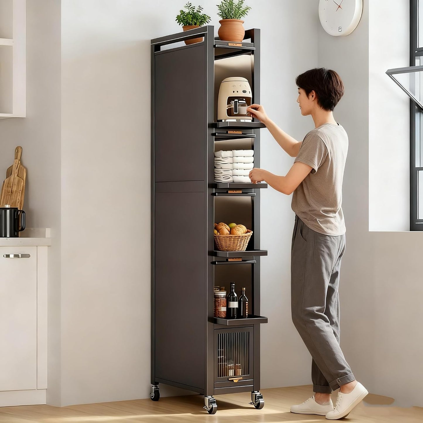 5-Tier Tall Narrow Mobile Shelf Organizer, Slim Storage Cart on Wheels | Pull Out Cabinet Organizer for Small Space Kitchen Space Saving, with Transparent Flap Door Design, Grey