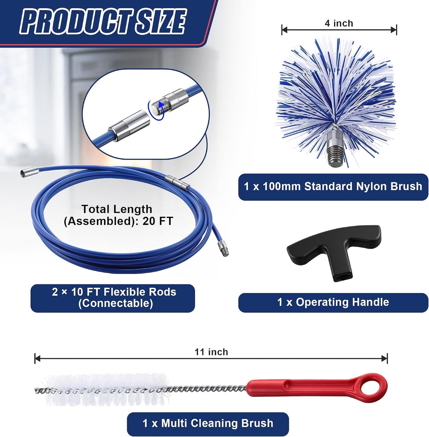 Dreyoo Pellet Stove Cleaning Brush Kit, 20 FT Flexible Steel Rod with 3" Brush Head, T Handle, Multi Purpose Flue Detail Cleaner, Nylon Stove Flue Pipe Kit for Pellet Furnace Exhaust Pipes