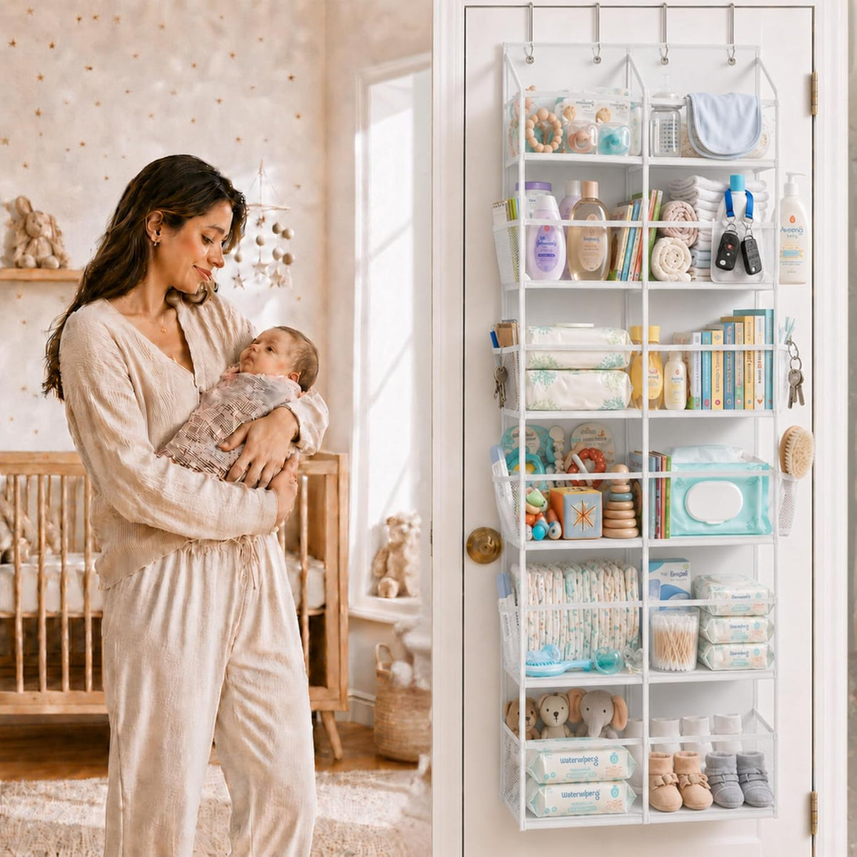 HOMELUX THEORY UPGRADED 6 Tiers Over The Door Organizer Hanging - 100D EXTRA THICK & 50lbs HUGE CAPACITY, 12 Side Mesh Pockets Over The Door Shoe Organizer, Hanging Closet Organizer (Ivory, 1pc)