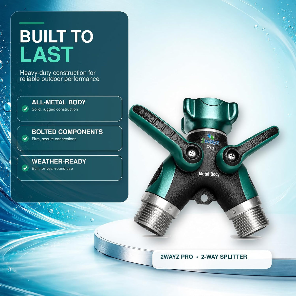 2WAYZ Hose Splitter 2 Way Heavy Duty Outdoor Faucet and Garden Connector - Water Spigot Splitter - Durable All-Metal Y Adapter with Shut-Off Valve - 4 x 4 x 1.5 Inches