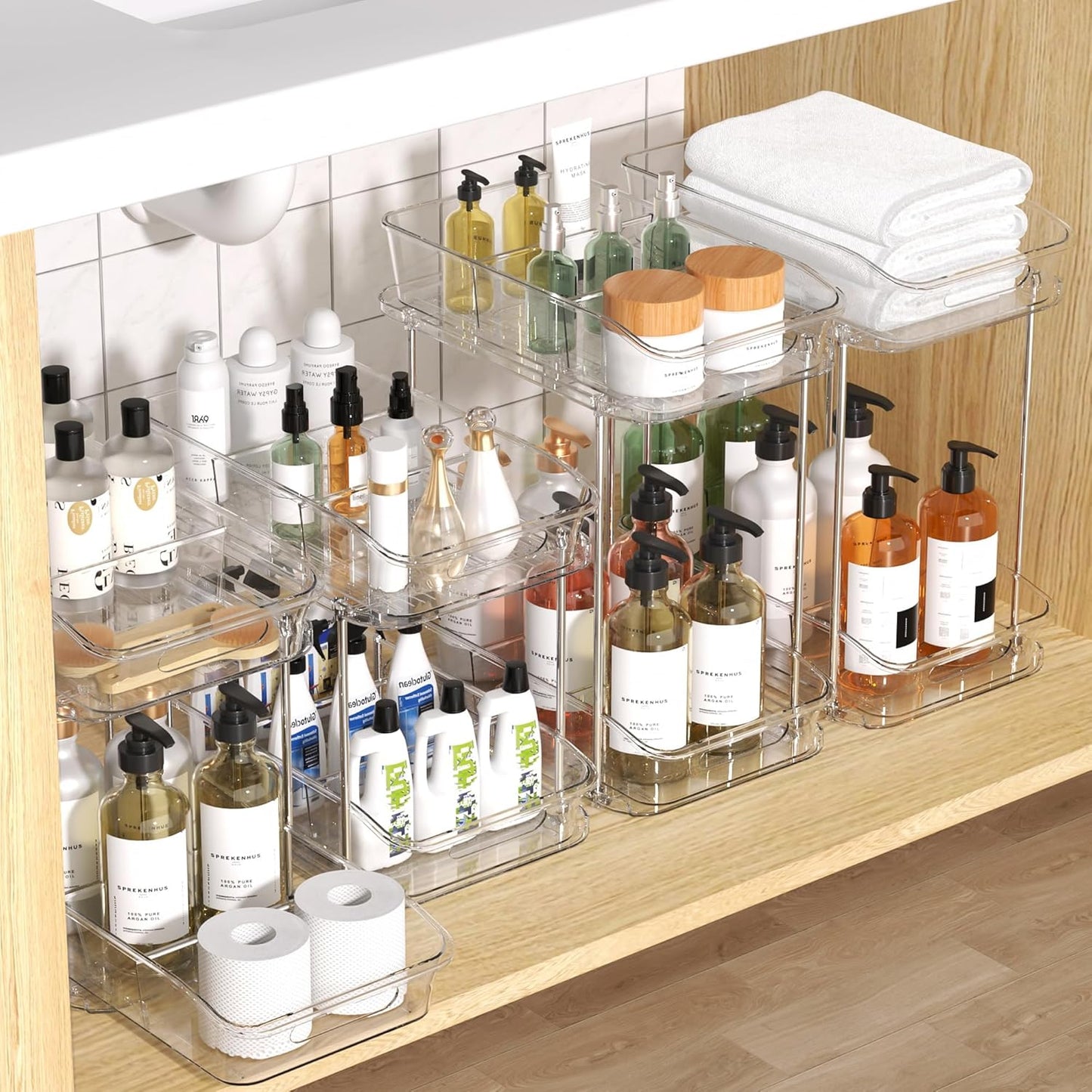 incostar 2 Tier Pull-Out Organizer for Bathroom Kitchen, Under Sink Storage with Dividers, Ideal for Cabinet, Cupboard Organization, Slide-Out Clear Storage, 1 Pack