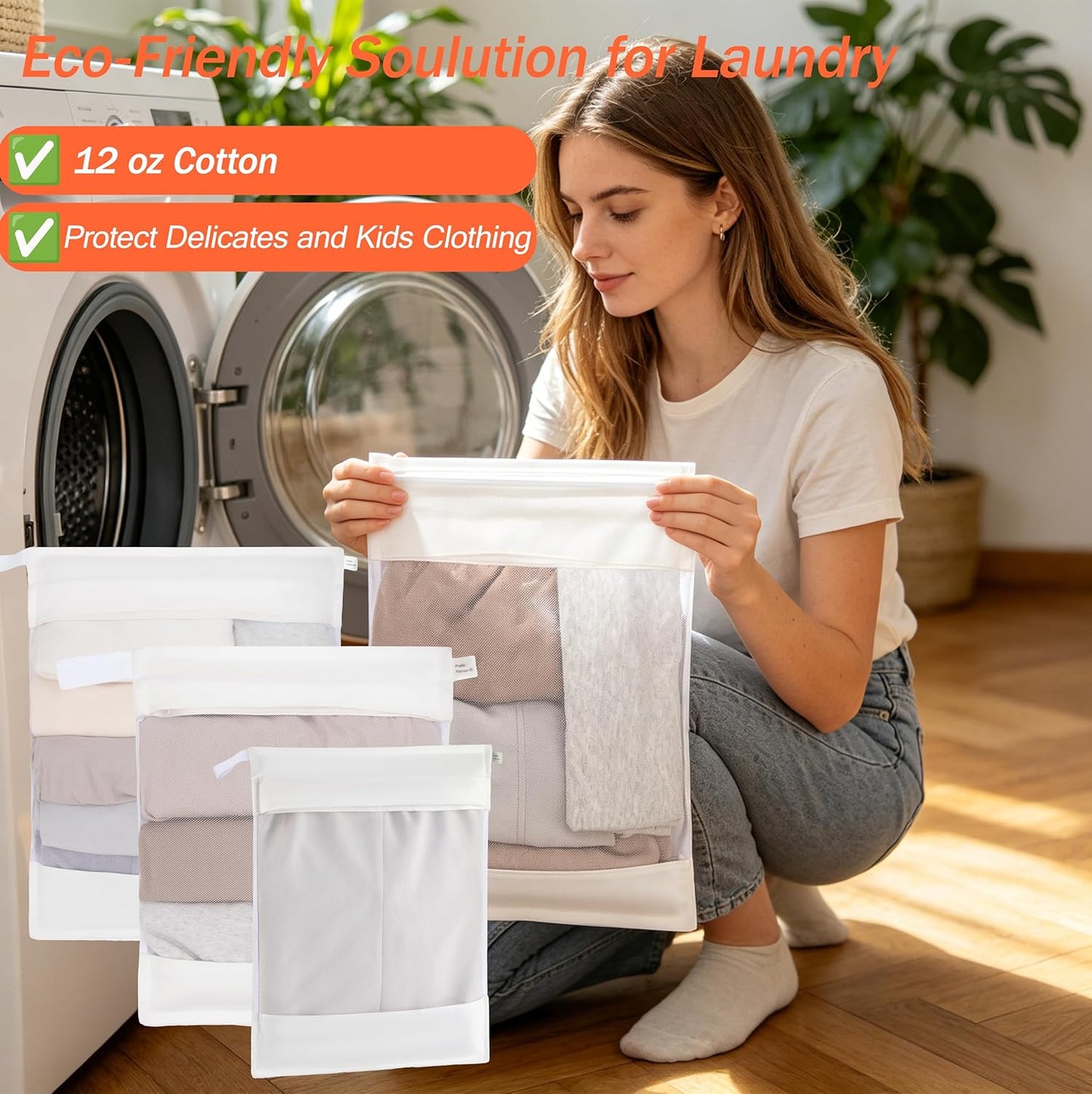 Cotton Mesh Laundry Bags, Set of 4, Dye-Free Natural Delicate Wash Bags with Hidden Zipper, Machine Washable for Bras, Lingerie & Sensitive Fabrics, Available in XXL/XL/L/M