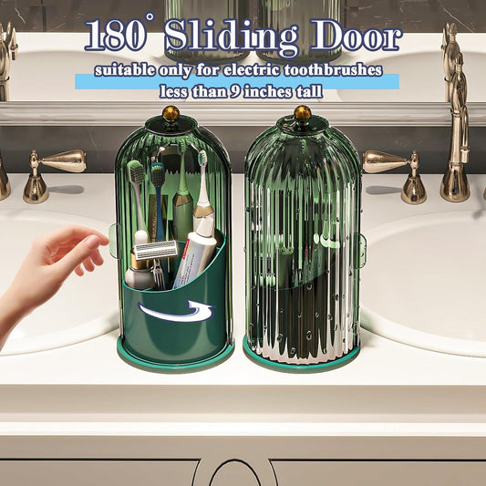 Toothbrush and Toothpaste Holders with Cover, Grey White | Waterproof and Dustproof, 360° Rotating Base, Smooth Sliding Door, 3 Slots, for Bathroom Countertop