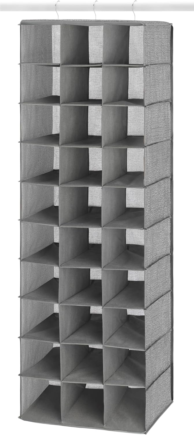 Whitmor 30 Sections Hanging Clothes Closet Shoe Organizer, Space Saving Breathable Fabric Shoe Storage for Bedroom, Laundry, Dorm, Crosshatch Gray