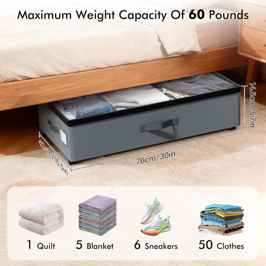 2-Pack Under Bed Storage Containers with Wheels, 75L Each Underbed Storage Organizer with Clear Handles, Collapsible Under Bed Storage Boxes for Clothes, Bedding, Max Load 80 LBS, Gray