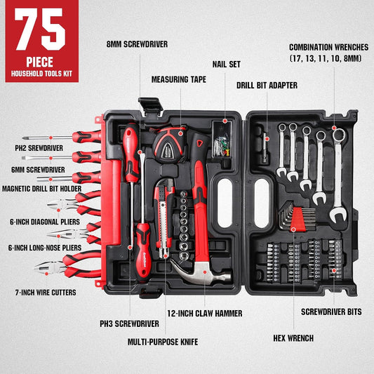 75-Piece Home Tools Kit, General Basic Household Hand Tool Kit with Plastic Toolbox Storage Case, Integrated Standing Tool Ract, for College Students, Emergency repair, Home Use & More