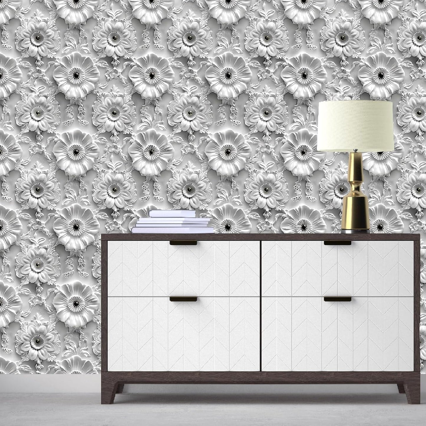 Grey White Floral Peel and Stick Wallpaper Modern Removable Self Adhesive Vinyl Contact Wall Paper with Printed 3D Visual Effect Flowers for Bedroom Bathroom Living Room 17.7" X 70.8"