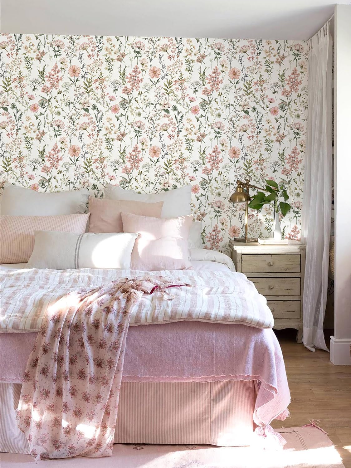 Orainege Pink Floral Peel and Stick Wallpaper Removable Self Adhesive Wallpaper 16.9inx118.1in Modern Wall Paper for Bedroom Bathroom Green Leaf Contact Paper for Cabinets