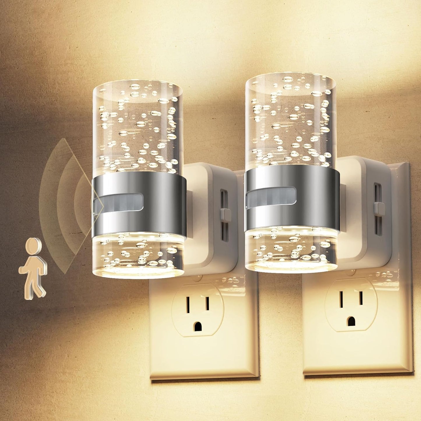 L LOHAS LED Motion Sensor Night Light,Dimmable Night Lights Plug into Wall, 2 Pack Acrylic Nightlight with 0-100 LM Adjustable Brightness, 3000K Plug in Night Light for Bathroom Hallway
