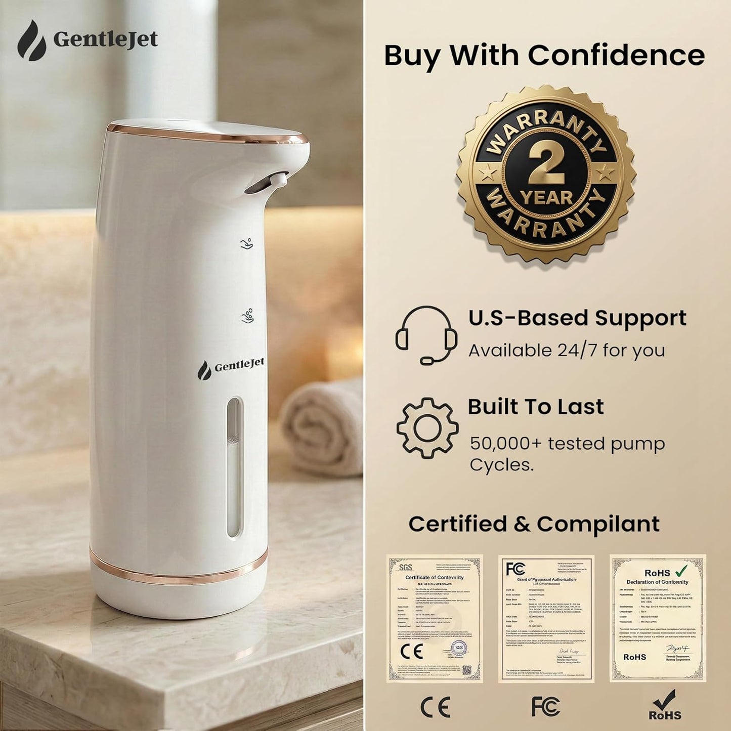 GentleJet Cloudfoam Automatic Foaming Soap Dispenser – Touchless Foam Dispenser for Kids & Family, Soft Rich Foam, USB-C Rechargeable, No-Clog Design, IPX5 Waterproof, 320 ml