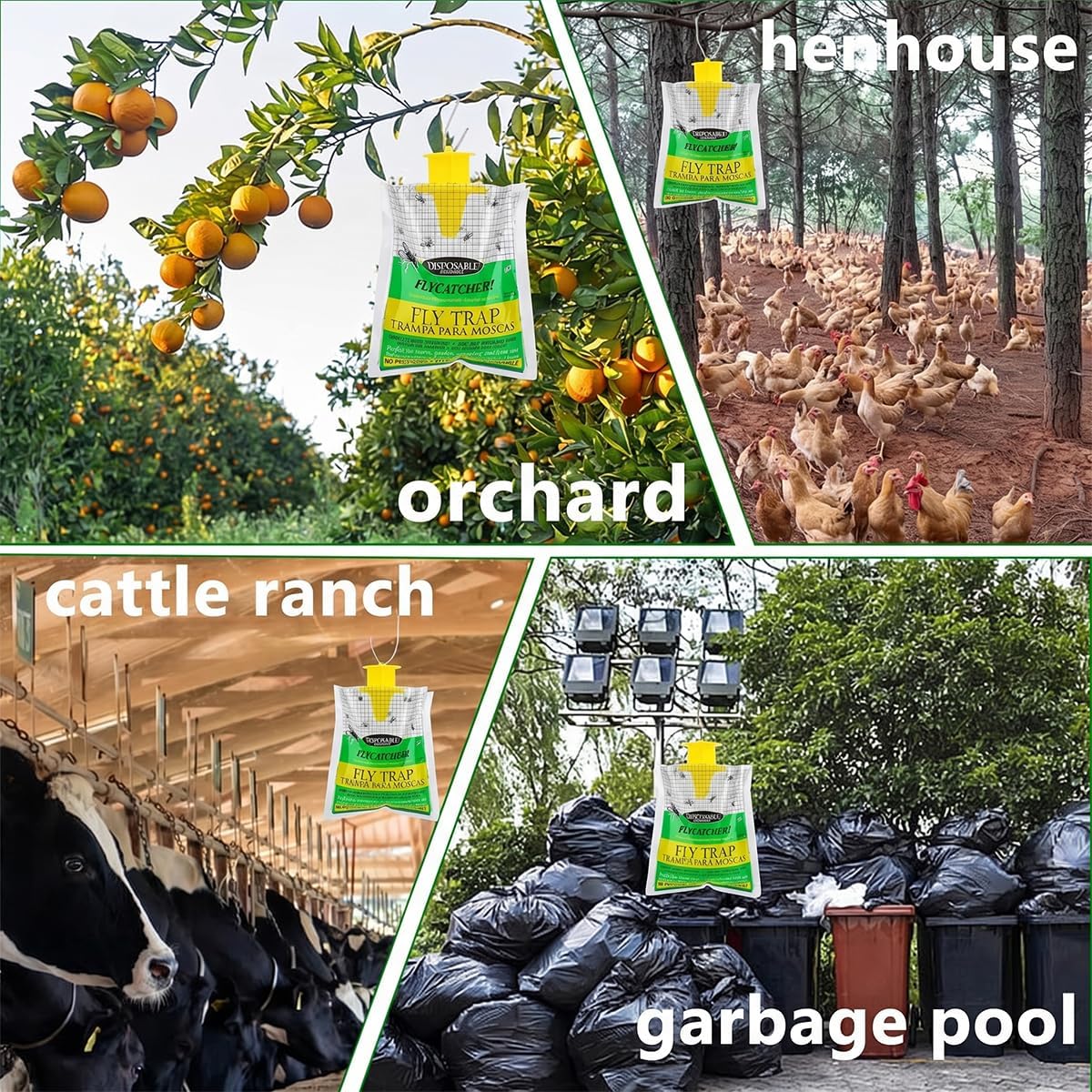 Fly Traps Outdoor Hanging, Natural Pre-Baited Bug Catcher Bags, Non-Toxic Flying Insect Killer for Outside Home, Patio, Trash Can, Horse Stables, Farm, Pastures, Backyard & Camping,4 Pack