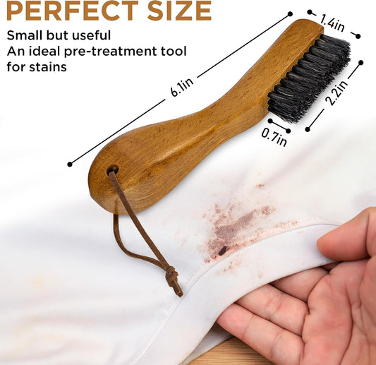 TAKAVU Laundry Stain Brush, Natural Black Boar Bristle, Safe on Delicates | Clothes Cleaning Scrubber, Stain Remover for Shirts, Collars, Cuffs & Shoes, Curved Beech Wood Handle with Hanging Loop
