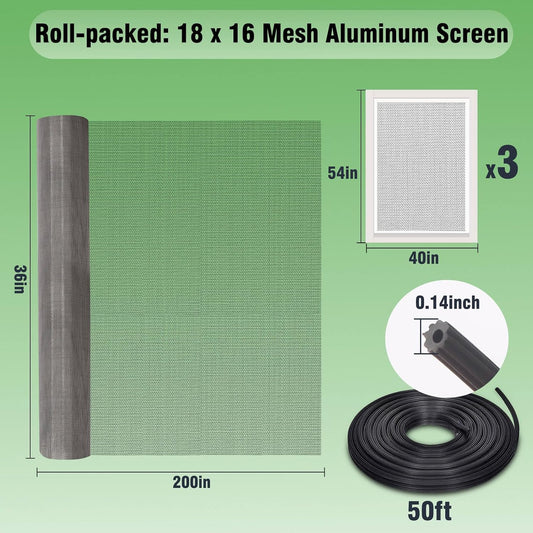 Aluminum Screen Roll with Spline & Rolling Tool – Pet-Resistant Durable Aluminum Window Screen, Screen Repair Kit for Rescreening Windows and Doors
