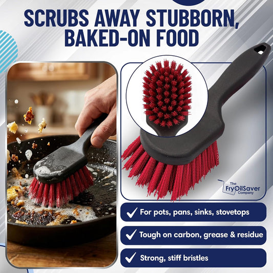 8 Inch Pot & Dish Kitchen Scrub Brush for Heavy-Duty Cleaning – Stiff Bristle Scrubber for Sink, Cast Iron, and Grill Grates - Kitchen Dish Scrubber Brush - 90048 by FryOilSaver Co.