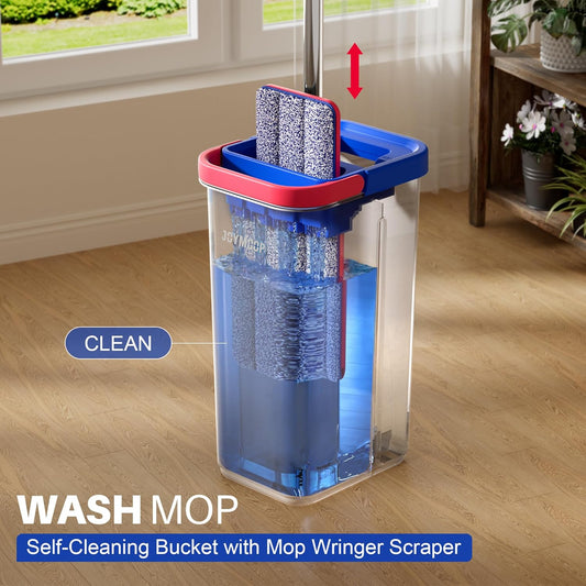 JOYMOOP Mop and Bucket Set, Flat Mops for Floor & Wall Cleaning, Commercial & Household Use, Hardwood Floor Mop with Long Handle & 4 Microfiber Pads