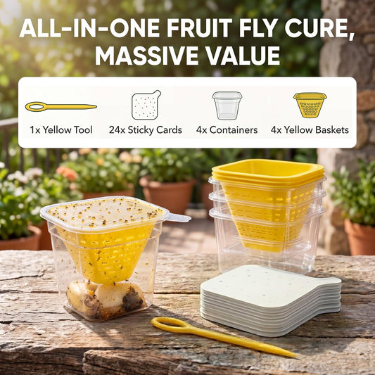Fruit Fly Traps for Indoors, DIY Fruit Fly Traps - 4X Reuseable Funnel Traps + 24x Clear Sticky Trap - No-Mess, Uses Natural Bait