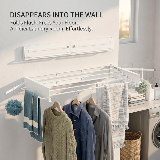 Wall Mounted Drying Rack, 31.5" Foldable Laundry Drying Rack, 60lbs Capacity, Retractable Clothes Drying Rack with Hooks, Space Saving Drying Rack for Laundry Room, Apartment