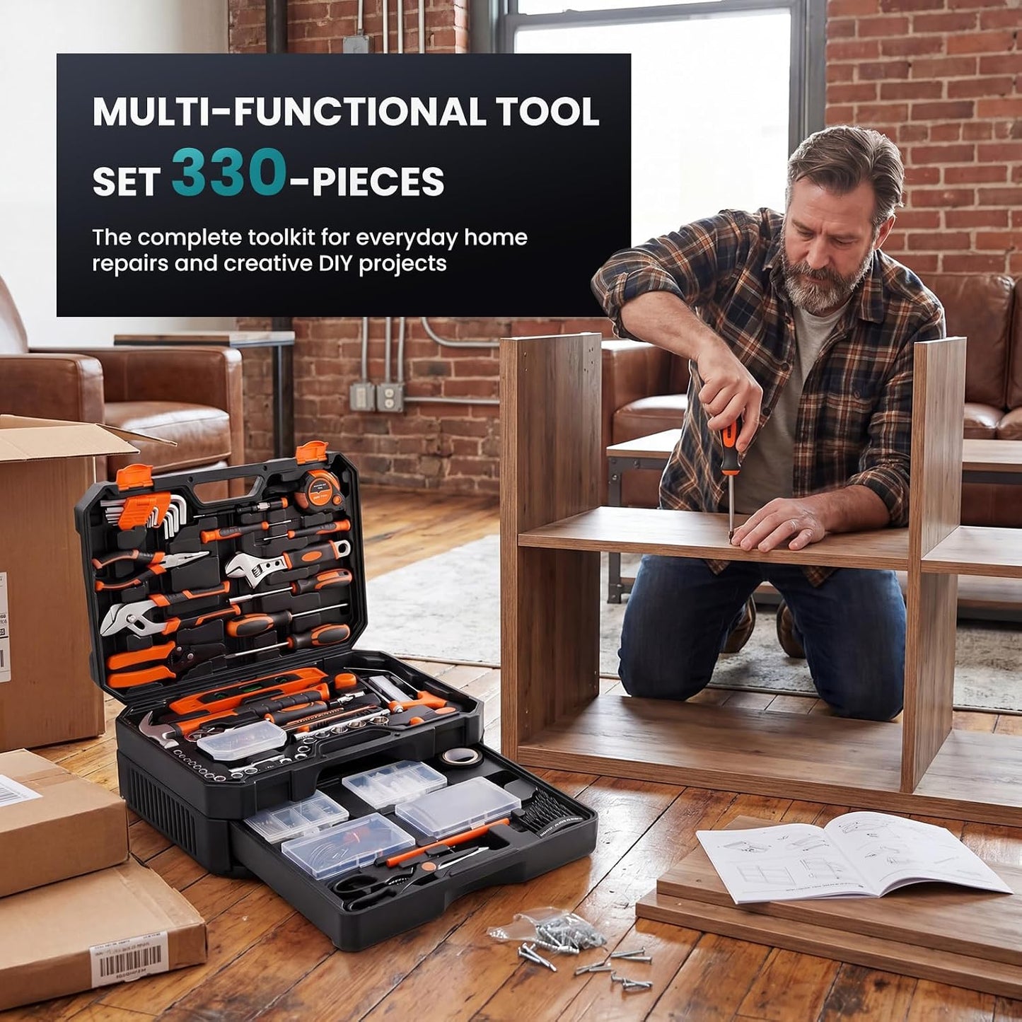 DUMOS 330-Piece Complete Homeowners Tool Box Set with Pull-Out Drawer | Durable Tool Kit, Versatile Home Repair Tool Kit for Auto & Household, DIY Projects